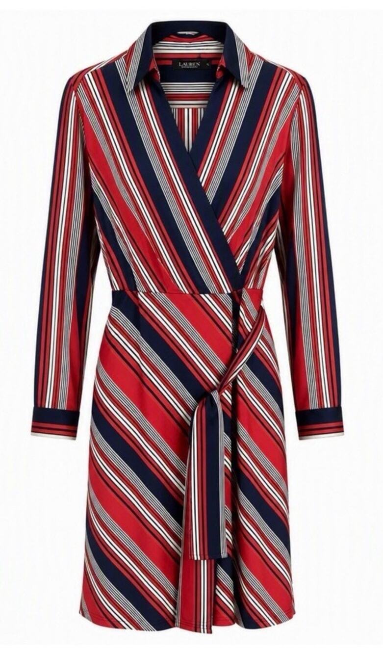 Lauren Ralph Lauren Rowella Navy Red Midi Dress 12 Collared NWT Belted CB
